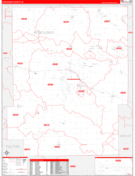 Kosciusko County, IN Wall Map Red Line Style