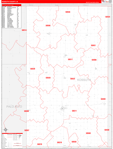 Kossuth County, IA Wall Map Red Line Style