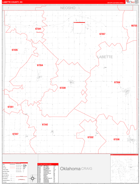Labette County, KS Wall Map Red Line Style