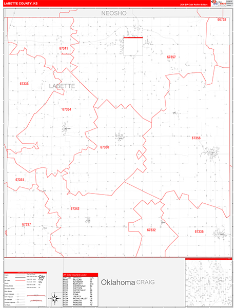 Labette County, KS Zip Code Wall Map