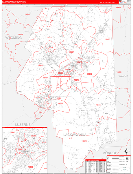 Lackawanna County, PA Wall Map Red Line Style
