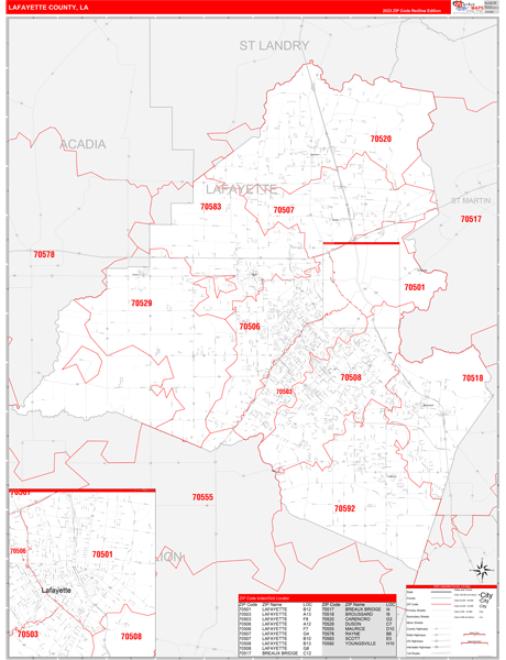 Lafayette Parish (County), LA Zip Code Wall Map