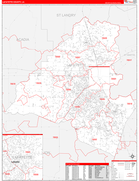 Lafayette Parish (County), LA Wall Map Red Line Style
