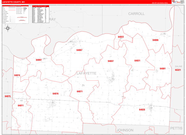 Lafayette County, MO Zip Code Wall Map