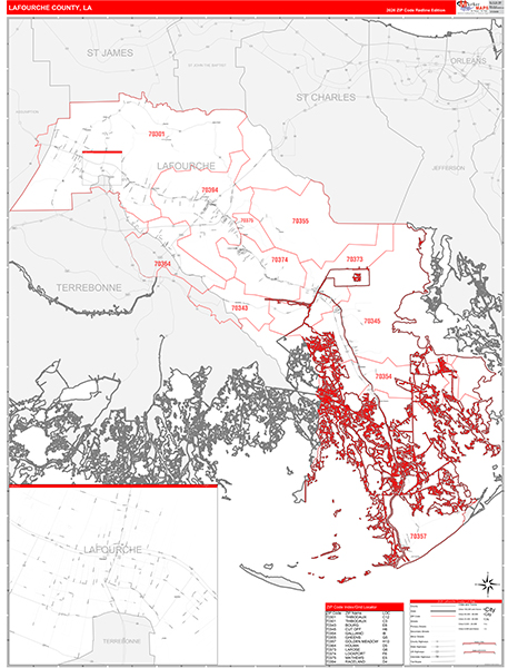 Lafourche Parish (County), LA Wall Map Red Line Style