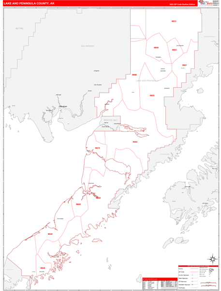 Lake and Peninsula County, AK Zip Code Wall Map Red Line Style by ...