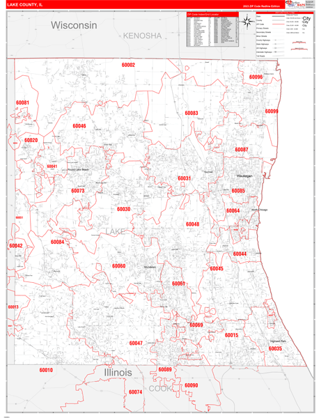 Lake County Il Zip Code Wall Map Red Line Style By Marketmaps