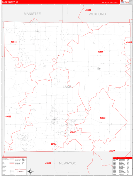 Lake County, MI Zip Code Wall Map