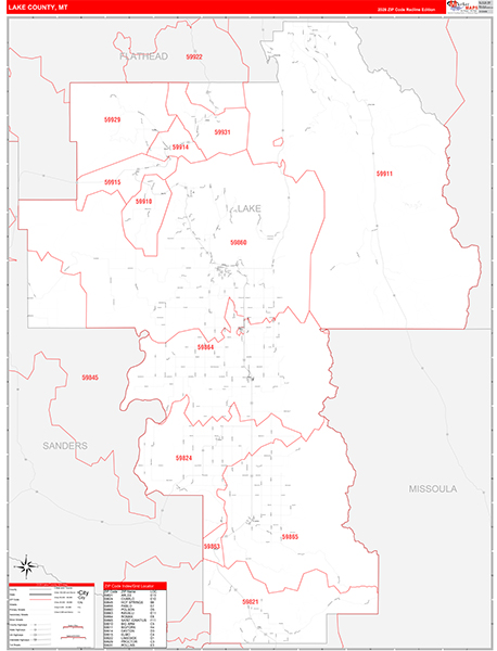 Lake County, MT Zip Code Wall Map