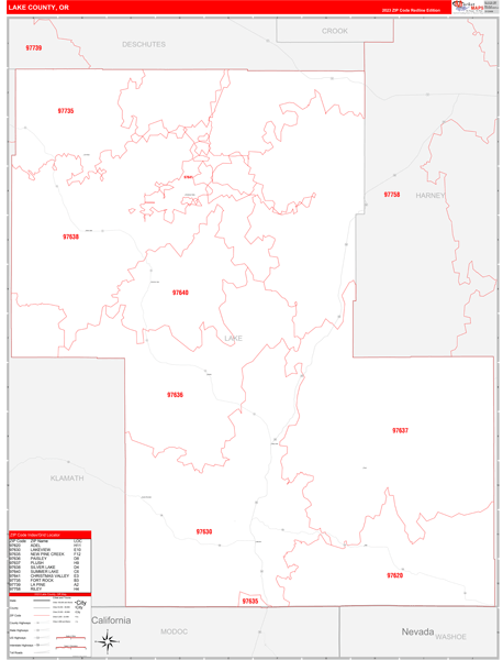 Lake County, OR Zip Code Wall Map