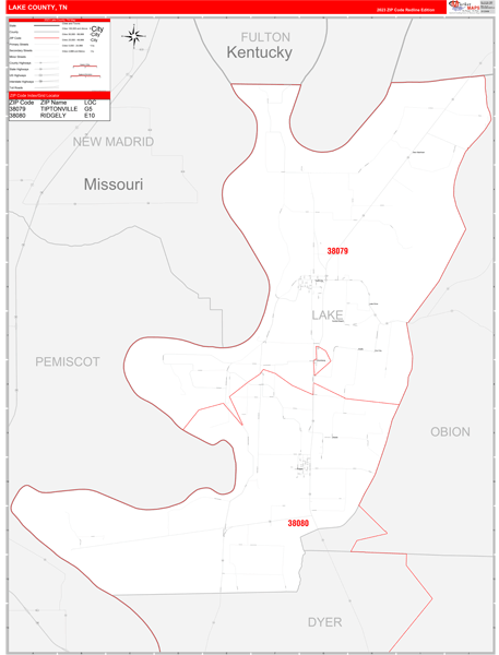 Lake County Wall Map Red Line Style
