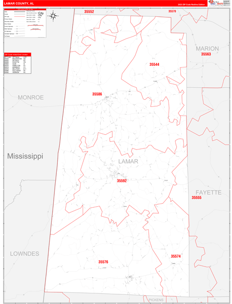 Lamar County, AL Zip Code Wall Map Red Line Style by MarketMAPS - MapSales