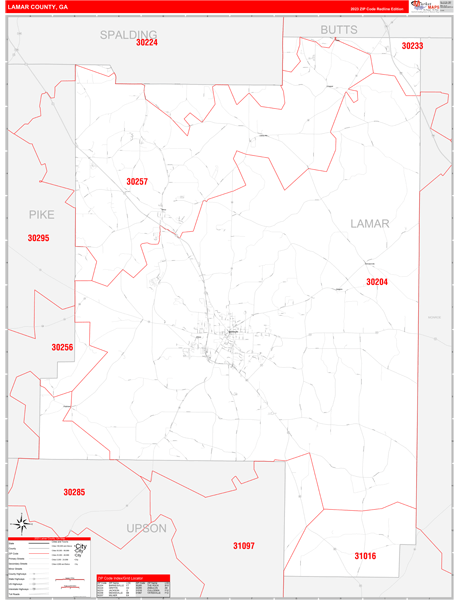 Lamar County, GA Zip Code Wall Map Red Line Style by MarketMAPS - MapSales