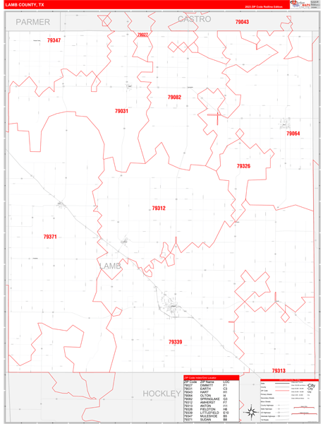 Lamb County, TX Wall Map Red Line Style