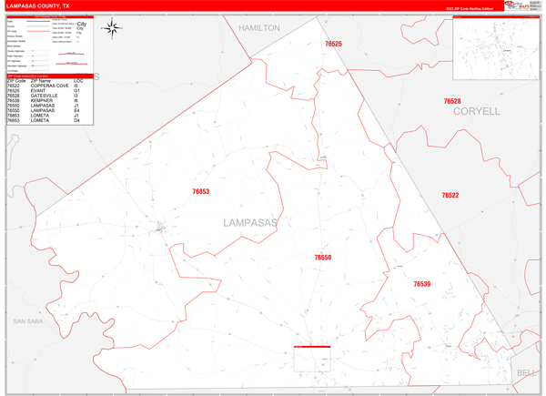 Lampasas County Digital Map Red Line Style