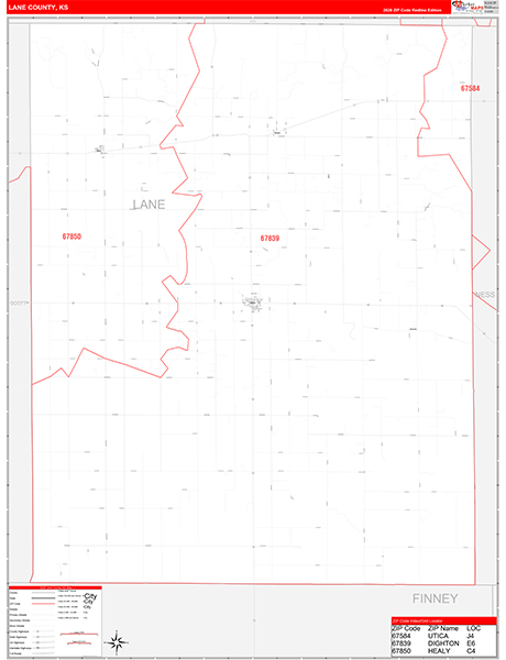 Lane County, KS Zip Code Wall Map