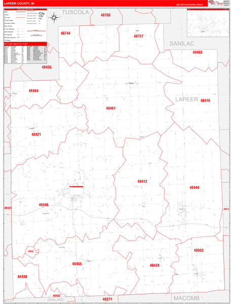 Lapeer County Wall Map Red Line Style