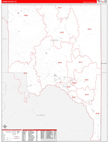 Lassen County, CA Map Red Line Style