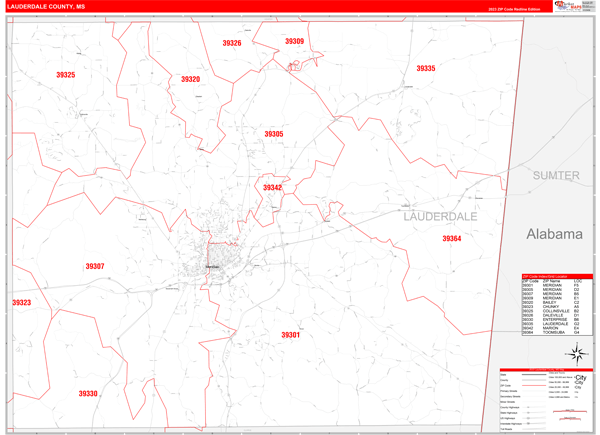 Lauderdale County, MS Wall Map Red Line Style