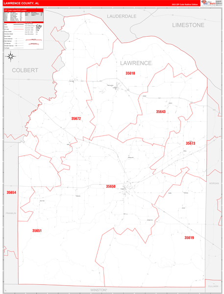 Lawrence County AL 5 Digit Zip Code Maps Red Line