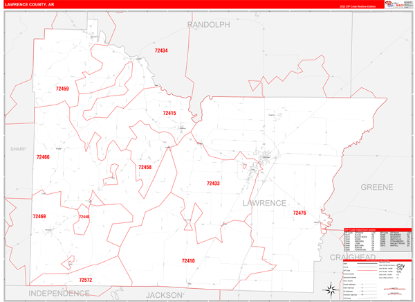 Lawrence County, AR Wall Map Red Line Style