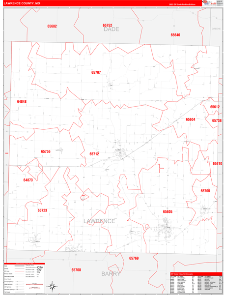 Lawrence County, MO Wall Map Red Line Style
