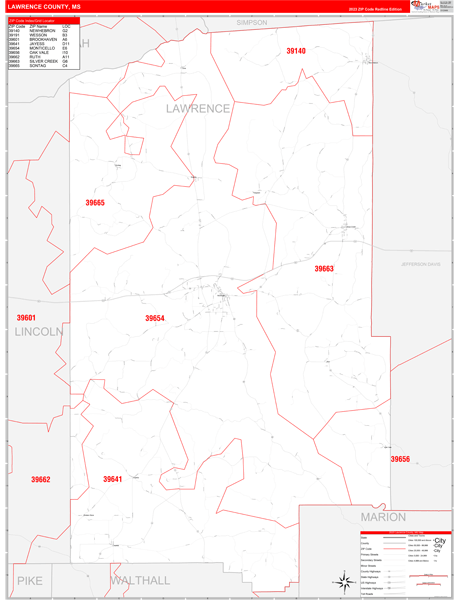 Lawrence County, MS Wall Map Red Line Style