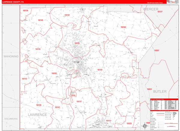 Lawrence County, PA Wall Map Red Line Style