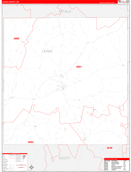 Leake County Digital Map Red Line Style