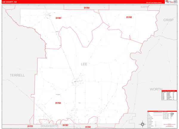 Lee County, GA Wall Map Red Line Style