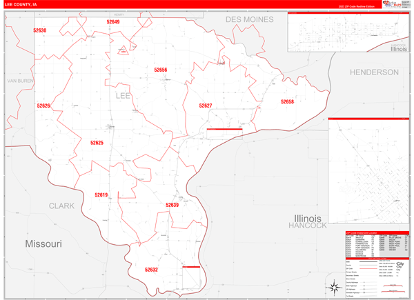 Lee County Ia Zip Code Wall Map Red Line Style By Marketmaps Mapsales