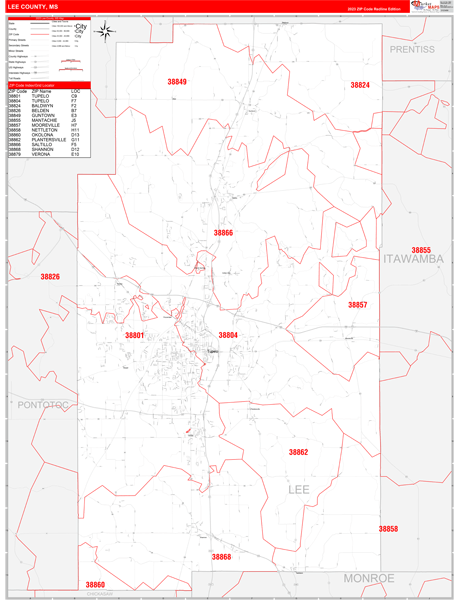Lee County, MS Zip Code Wall Map Red Line Style by MarketMAPS - MapSales