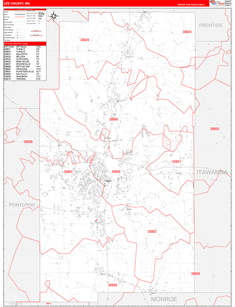 Lee County, MS Zip Code Map