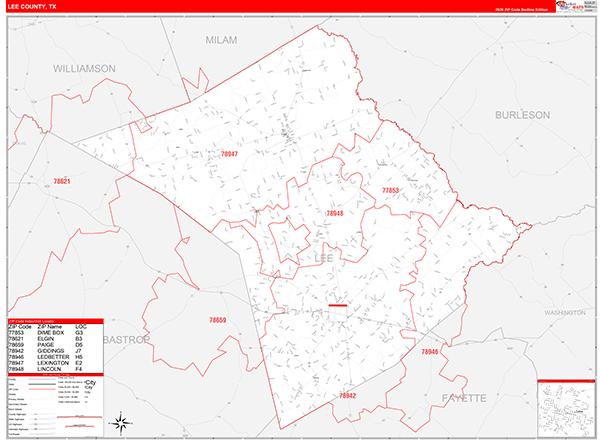 Lee County, TX Zip Code Wall Map