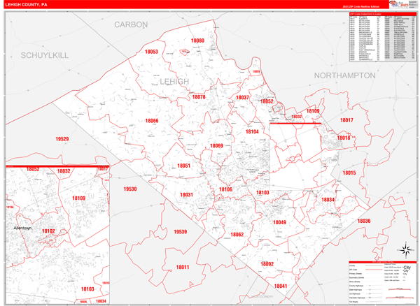 Lehigh County, PA Wall Map Red Line Style