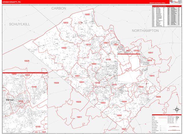 Lehigh County Wall Map Red Line Style