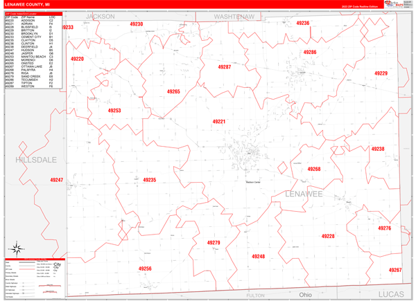Lenawee County, MI Zip Code Wall Map