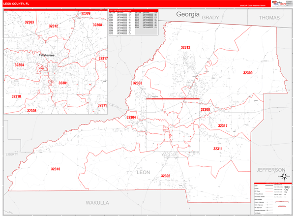 Leon County Zip Code Map Leon County, FL Zip Code Wall Map Red Line Style by MarketMAPS