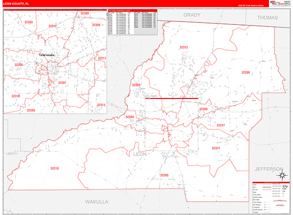 Leon County, FL Wall Map Red Line Style