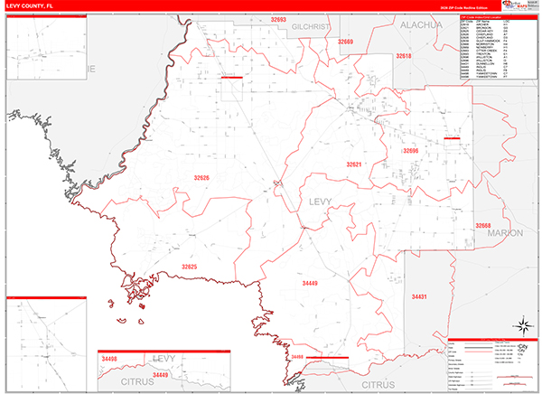 Levy County, FL Zip Code Wall Map