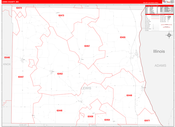 Lewis County, MO Wall Map Red Line Style