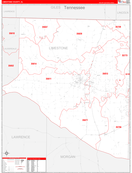 Limestone County, AL Zip Code Wall Map Red Line Style by MarketMAPS