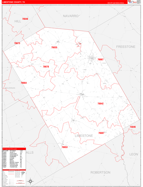 Limestone County, TX Zip Code Wall Map Red Line Style by MarketMAPS