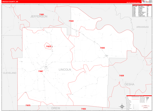 Lincoln County, AR Wall Map Red Line Style