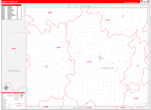 Lincoln County, KS Wall Map Red Line Style