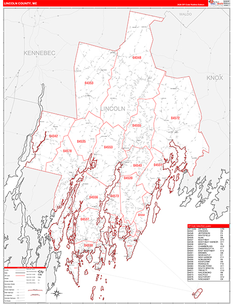 Lincoln County, ME Wall Map Red Line Style
