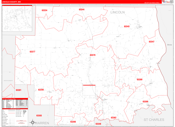 Lincoln County, MO Wall Map Red Line Style