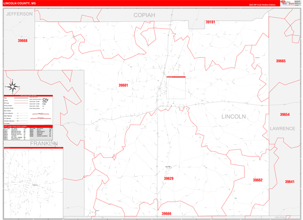 Lincoln County, MS Wall Map Red Line Style