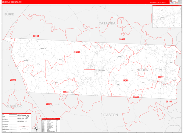 Lincoln County Nc Zip Code Wall Map Red Line Style By Marketmaps