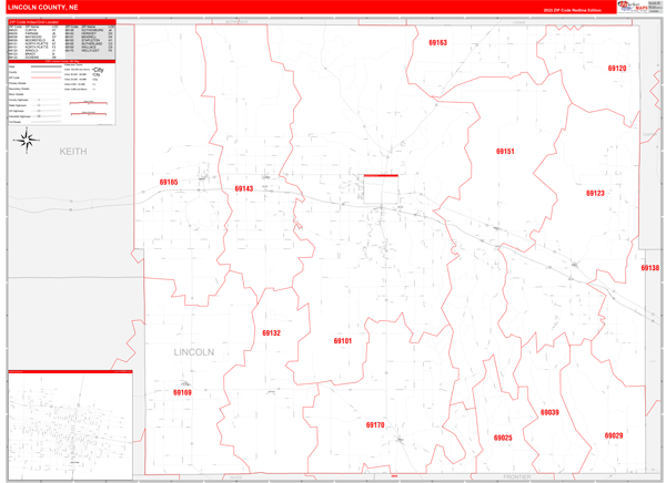 Lincoln County Ne Zip Code Wall Map Red Line Style By